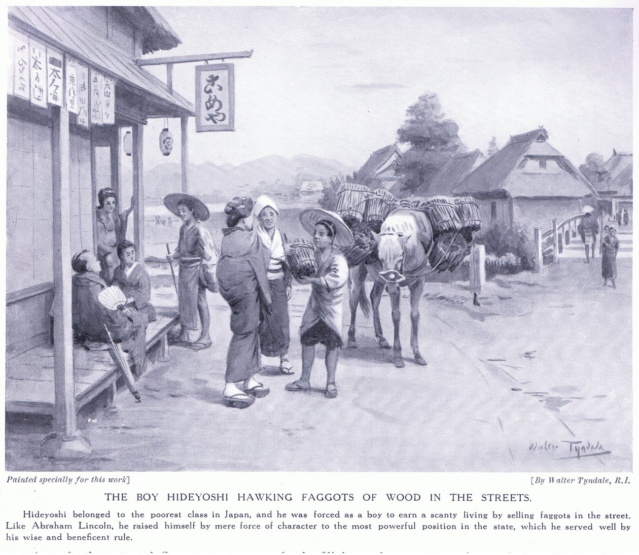 O menino Hideyoshi apregoando madeiras de madeira nas ruas de Walter Frederick Roofe Tyndale