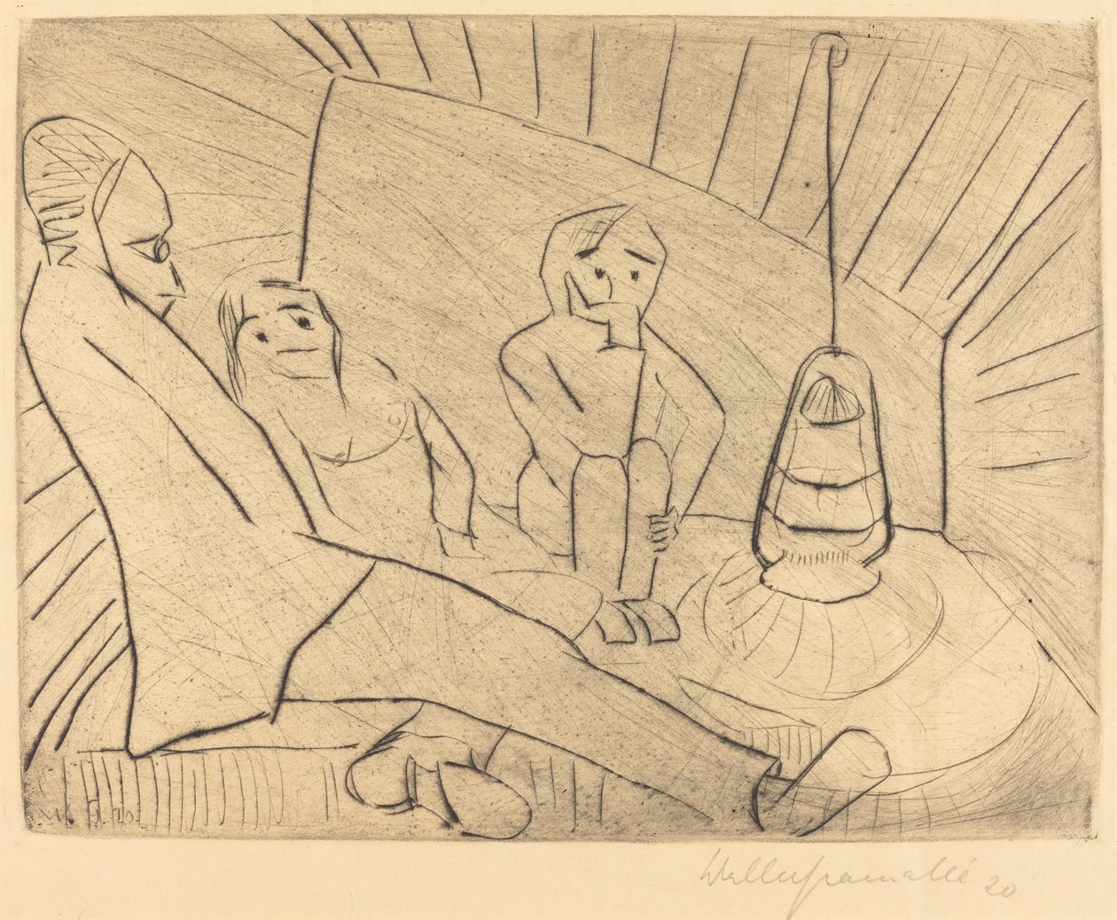 Três pessoas em um Atelier, 1920. de Walter Gramatte