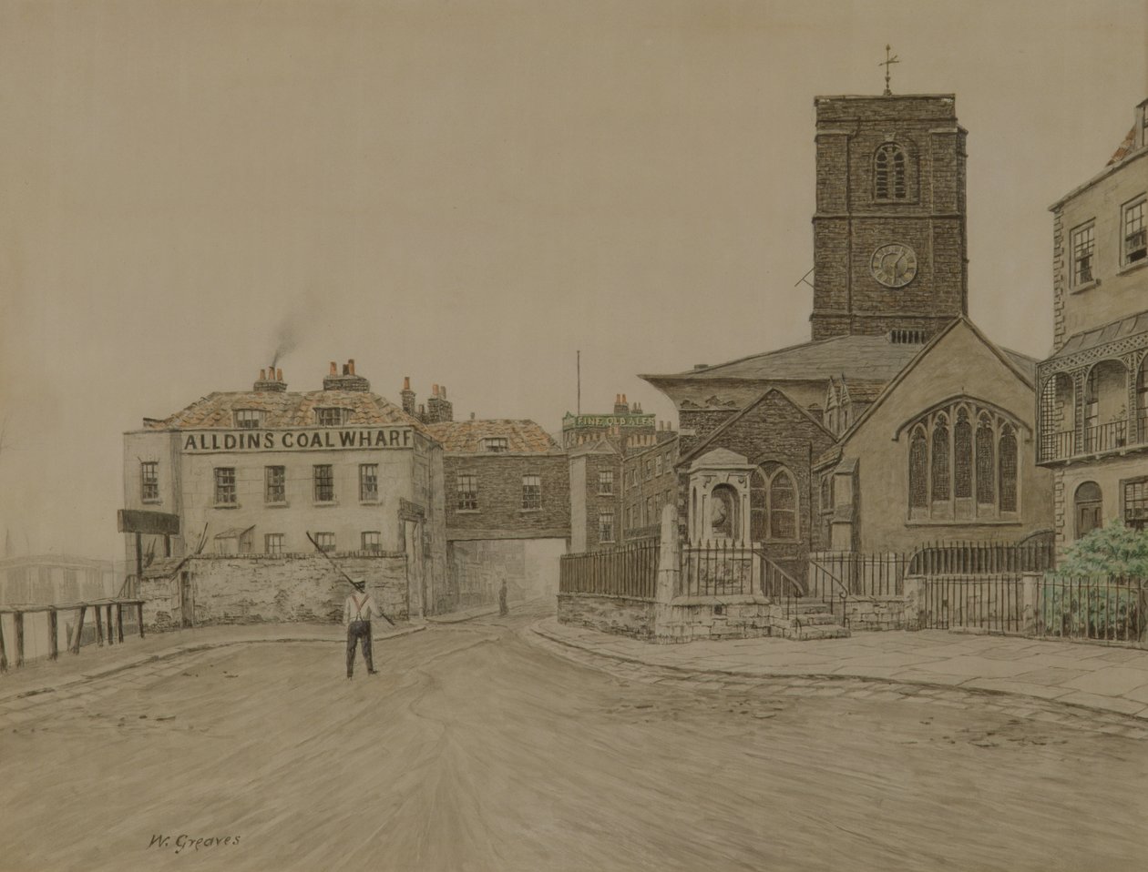 Alldins Coal Wharf e Chelsea Old Church, Londres (lápis e papel) de Walter Greaves