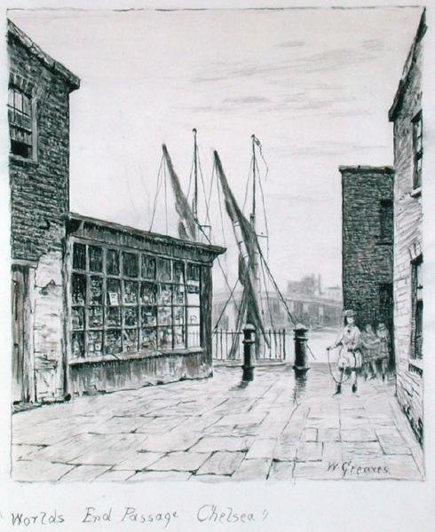 Worlds End Passage, Chelsea (tinta sobre papel) de Walter Greaves