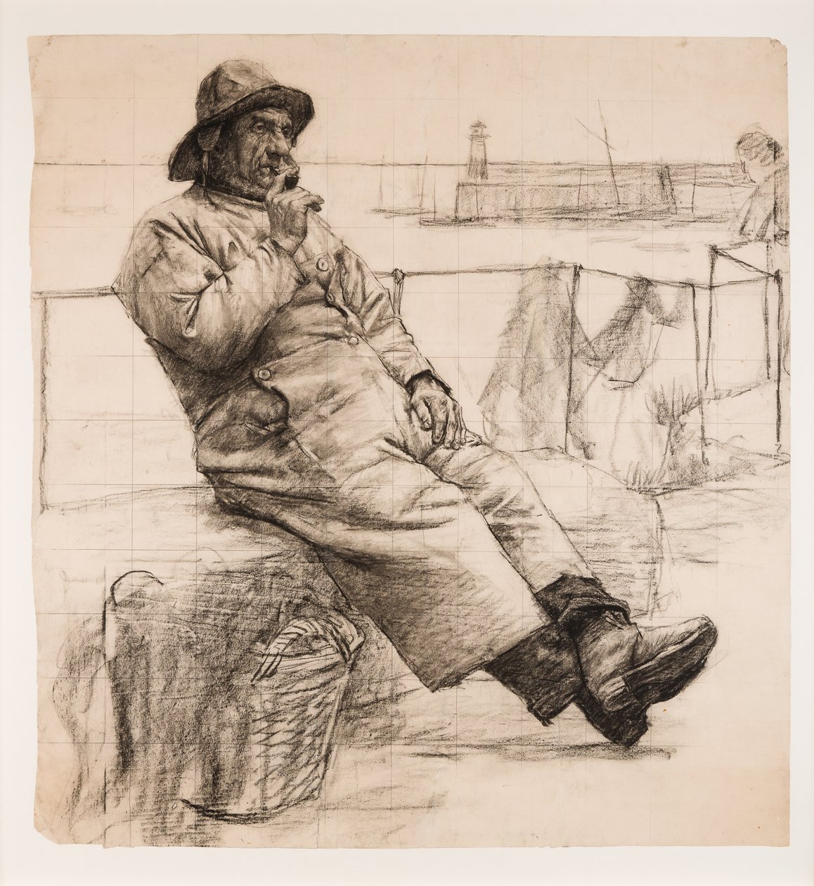 Pescador fumando um cachimbo (carvão no papel) de Walter Langley