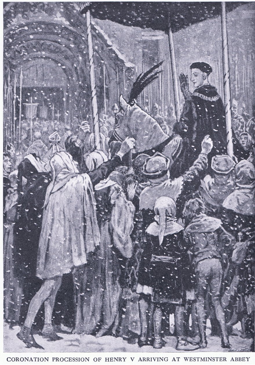 Procissão de coroação de Henrique V chegando à Abadia de Westminster 1413, da História de Cassells do Povo Britânico publicada pela Waverley Book Company Limited, c.1940 de Walter Paget