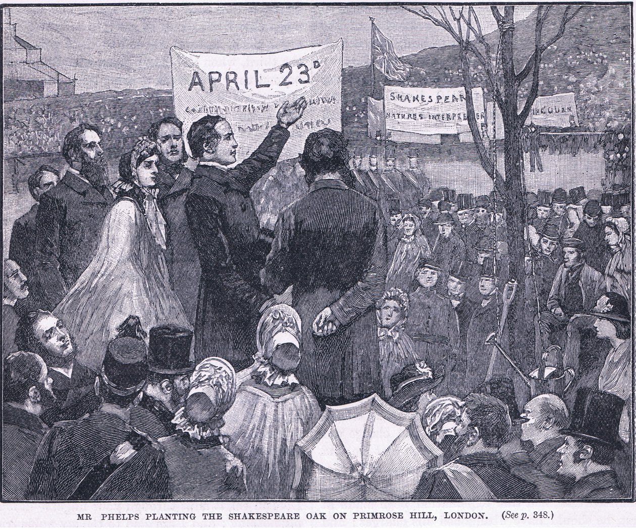 Sr. Phelps plantando o carvalho de Shakespeare em Primrose Hill, Londres 1864 AD de Walter Paget