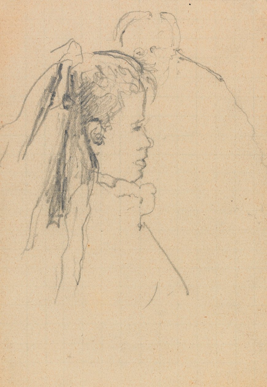 Cabeça e busto de uma menina de perfil para a direita, cabeça de um homem, frente cheia, atrás (grafite sobre papel) de Walter Richard Sickert
