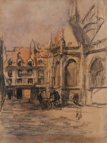 Rue Sainte Catherine e as antigas arcadas, Dieppe, c.1900 (carvão e aguarela) de Walter Richard Sickert