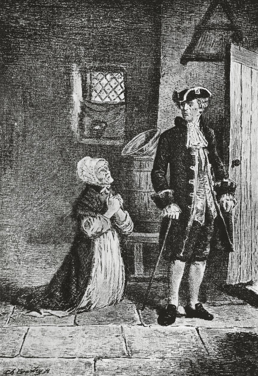 Elspeth e Lord Glenallan, ilustração para Antiquário, romance histórico de Walter Scott (1771-1832), gravura de Walter Scott