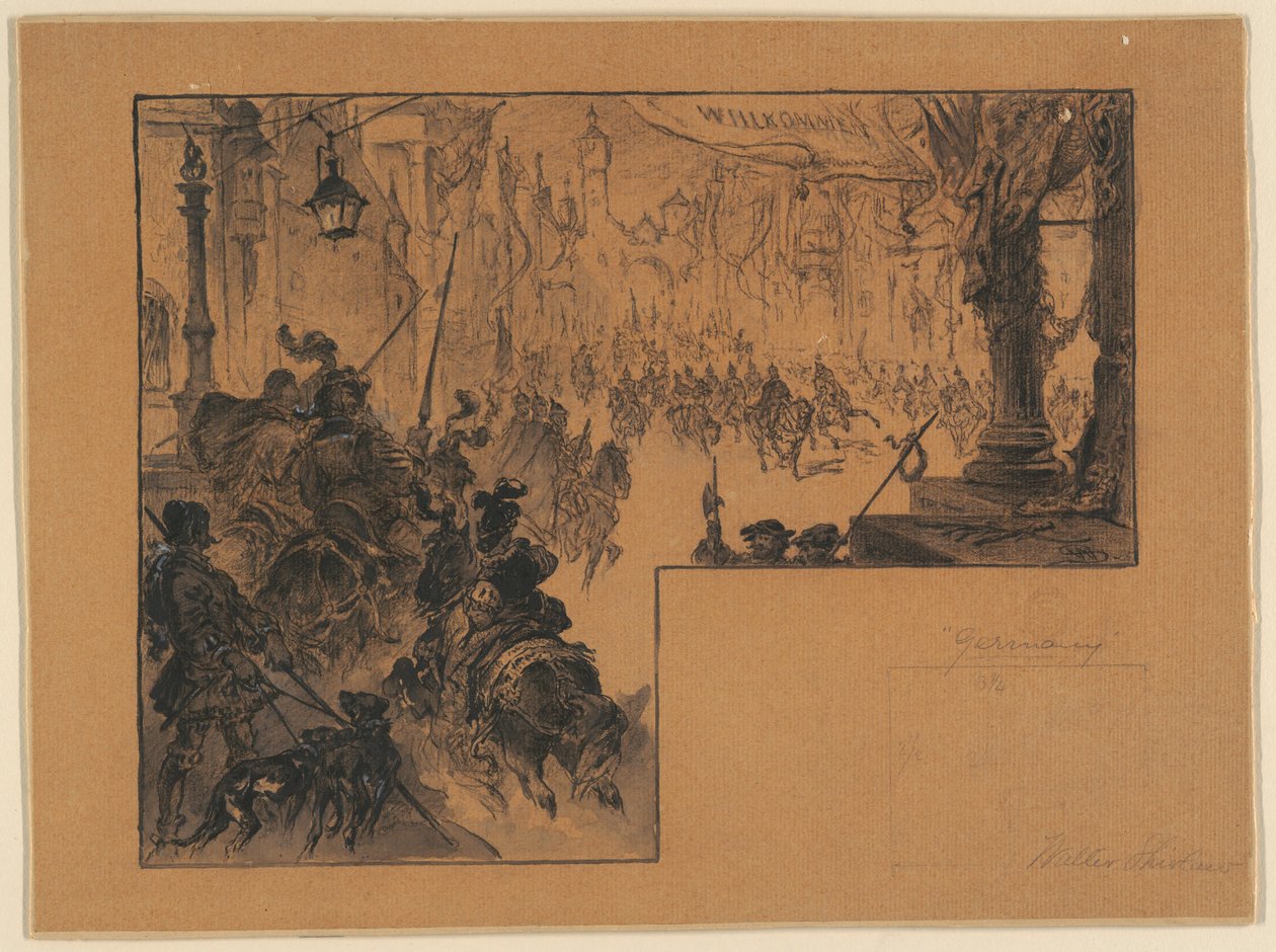 Ilustração mostrando o retorno triunfal do exército alemão após a guerra franco-alemã de Walter Shirlaw