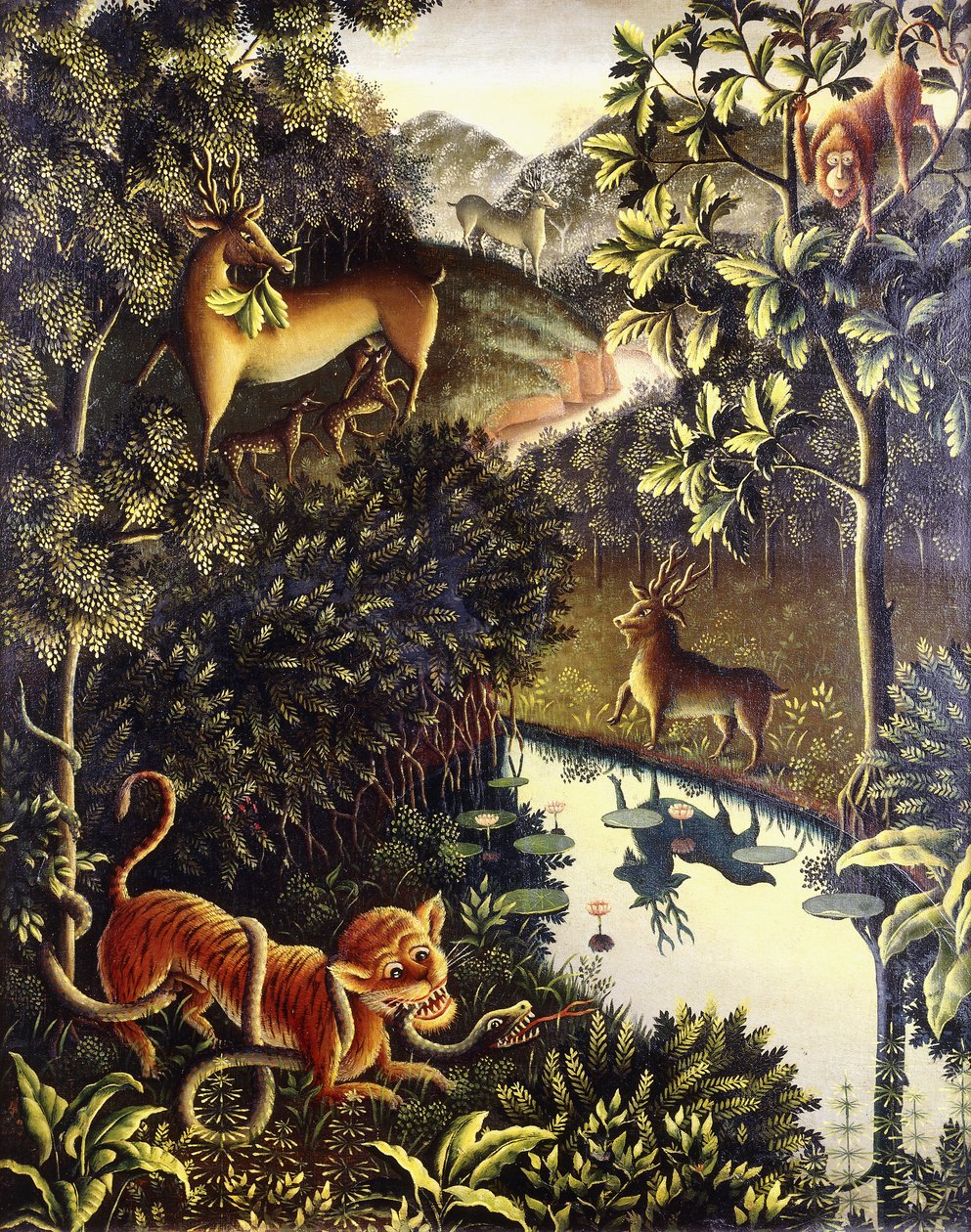 Tierfabel: Tigre e Cobra em Combate em uma Floresta Primitiva de Walter Spies