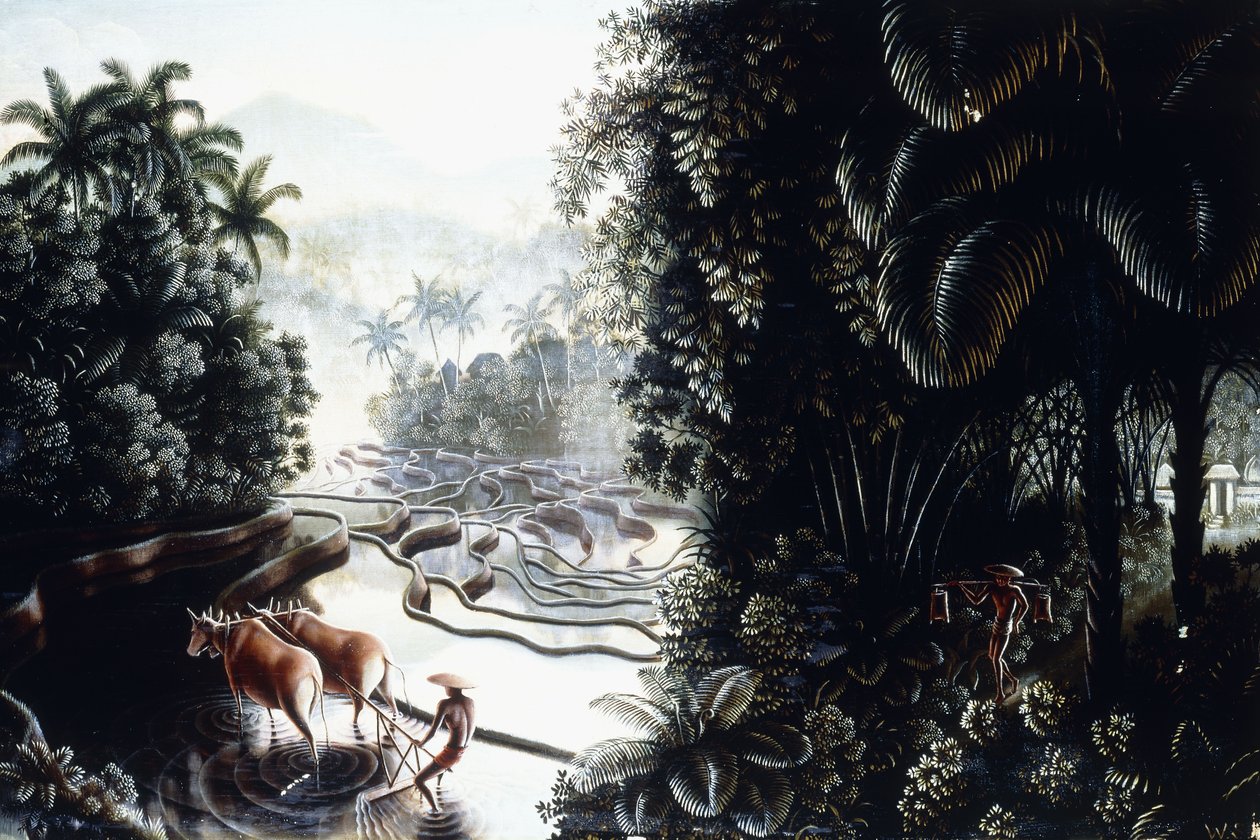 Vista através dos Sawahs até Gunung Agung, c. 1937-1939 (óleo a bordo) de Walter Spies