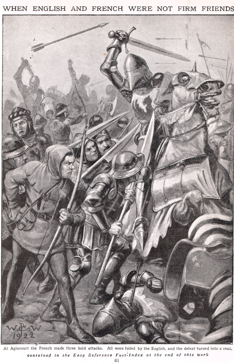 Quando os franceses e ingleses lutaram em Agincourt, ilustração "Newnes Pictorial Book of Knowledge", c.1920 de Walter Stanley Paget