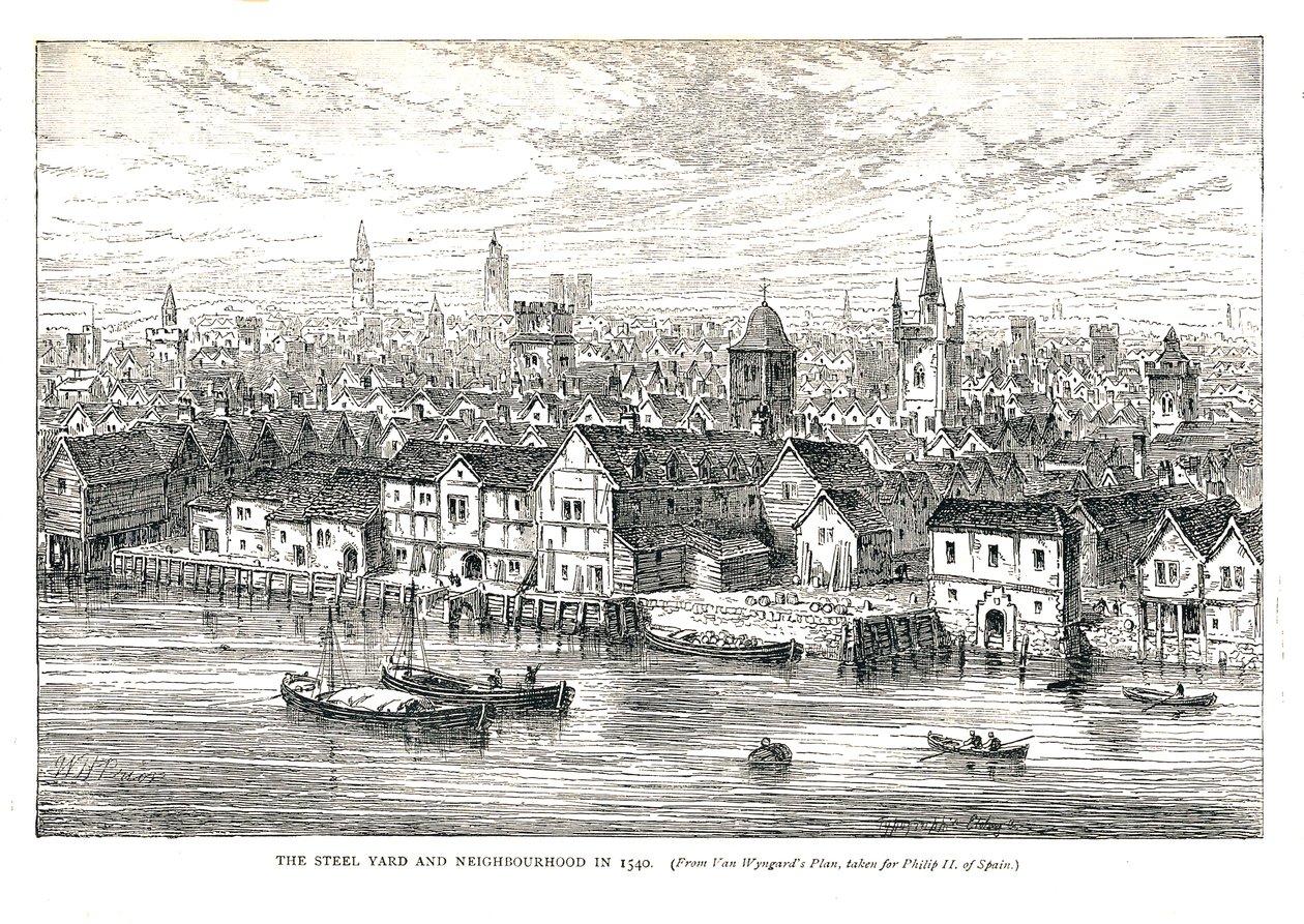 O Steel Yard Iron Wharf e a vizinhança em 1540. À beira do rio, 1878 de Walter Thornbury