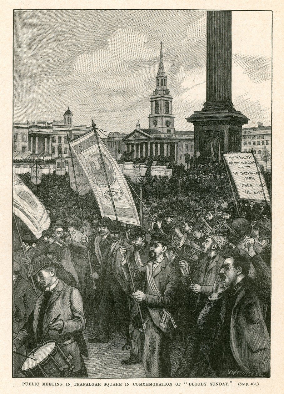 Reunião pública em Trafalgar Square em comemoração do Domingo Sangrento (gravura) de Walter Westley Russell