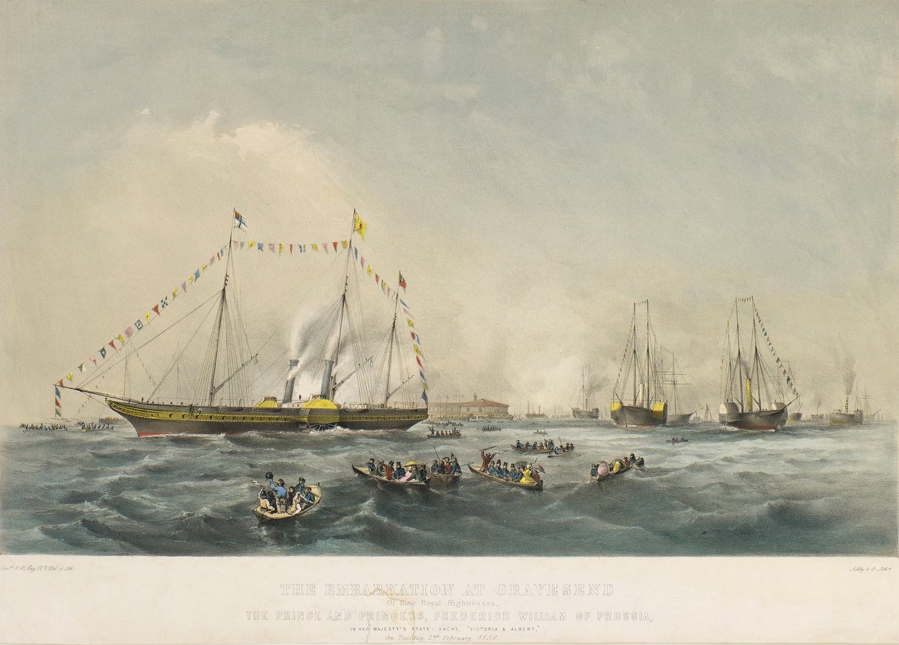 O embarque do Príncipe Frederico Guilherme IV da Prússia (1795-1861) e da sua mulher Isabel da Baviera (1801-1873) a bordo do navio Victoria and Albert, em Gravesend, Inglaterra, a 2 de fevereiro de Walter William May