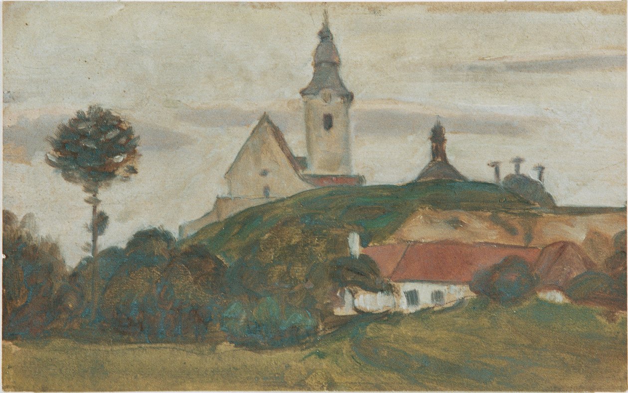 Paisagem com igreja e aldeia de Walther Gamerith