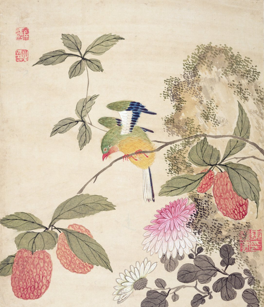 Um de uma série de pinturas de pássaros e frutas, final do século XIX de Wang Guochen