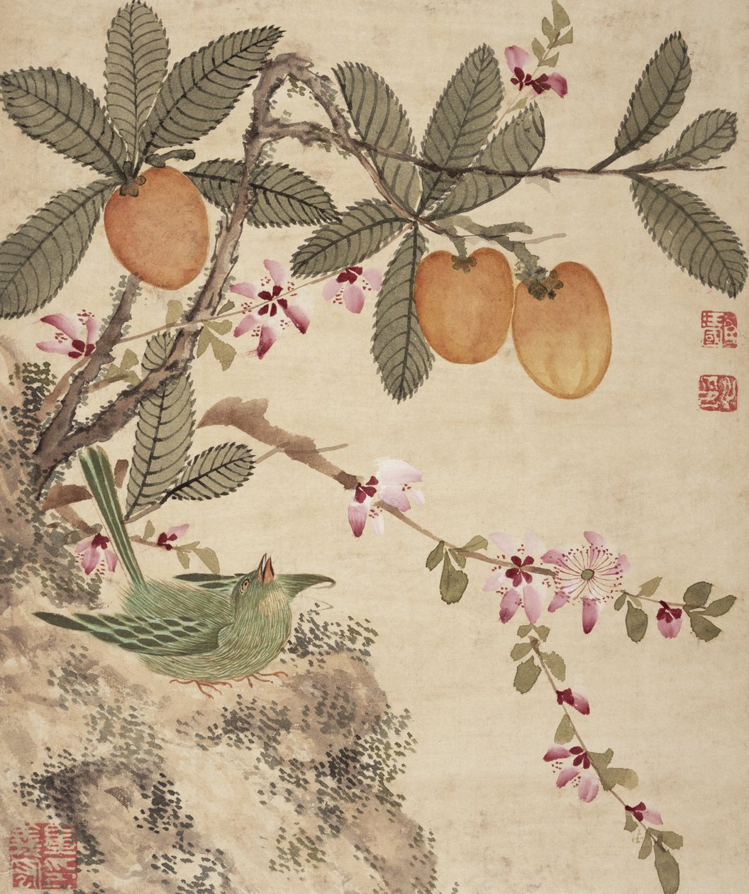 Um de uma série de pinturas de pássaros e frutas, final do século XIX de Wang Guochen