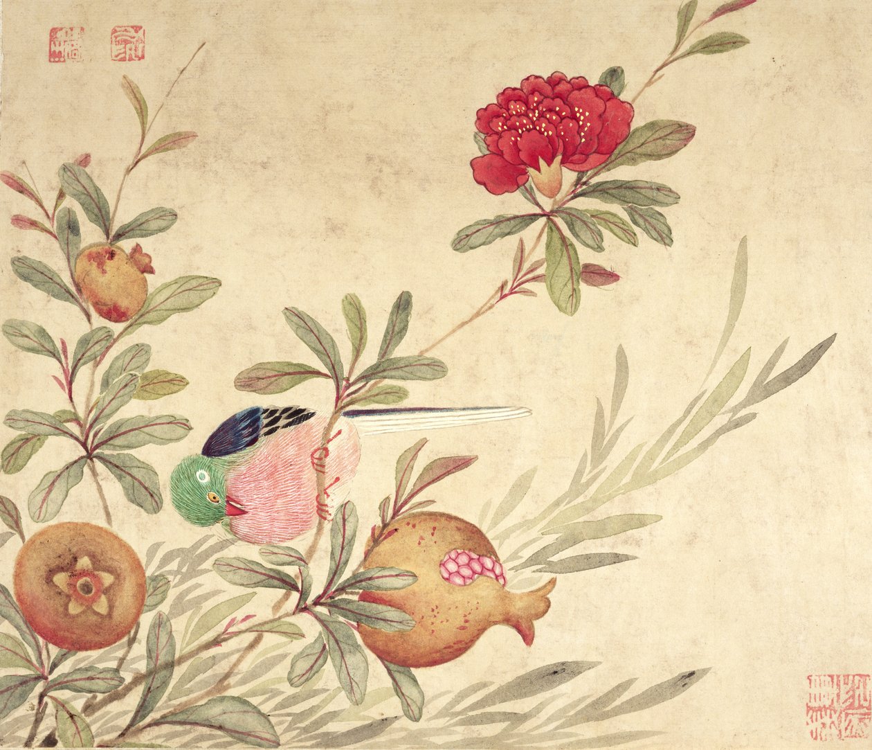 Um de uma série de pinturas de pássaros e frutas, final do século XIX de Wang Guochen