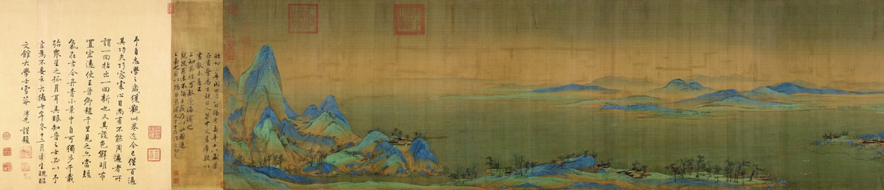 Detalhe final do rolo de mão de A Thousand Li ou River and Mountains (千里 江山) em tinta e cor em seda. 11,91 metros x 55,8 cm. (o fim do pergaminho) Localizado no Museu do Palácio, Pequim de Wang Ximeng