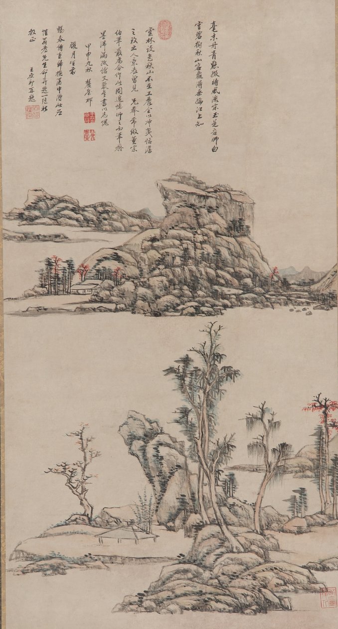 Montanhas de Outono no estilo de Ni Zan, dinastia Qing, 1704 (tinta e cor sobre papel) de Wang Yuanqi