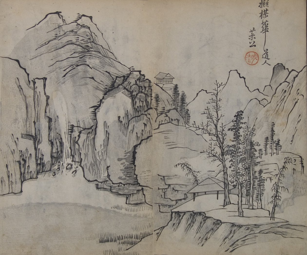 Paisagem após Wu Zhen 1280-1354, do Manual do Jardim de Sementes de Mostarda de..., Primeira edição, 1679. de Wang Gai