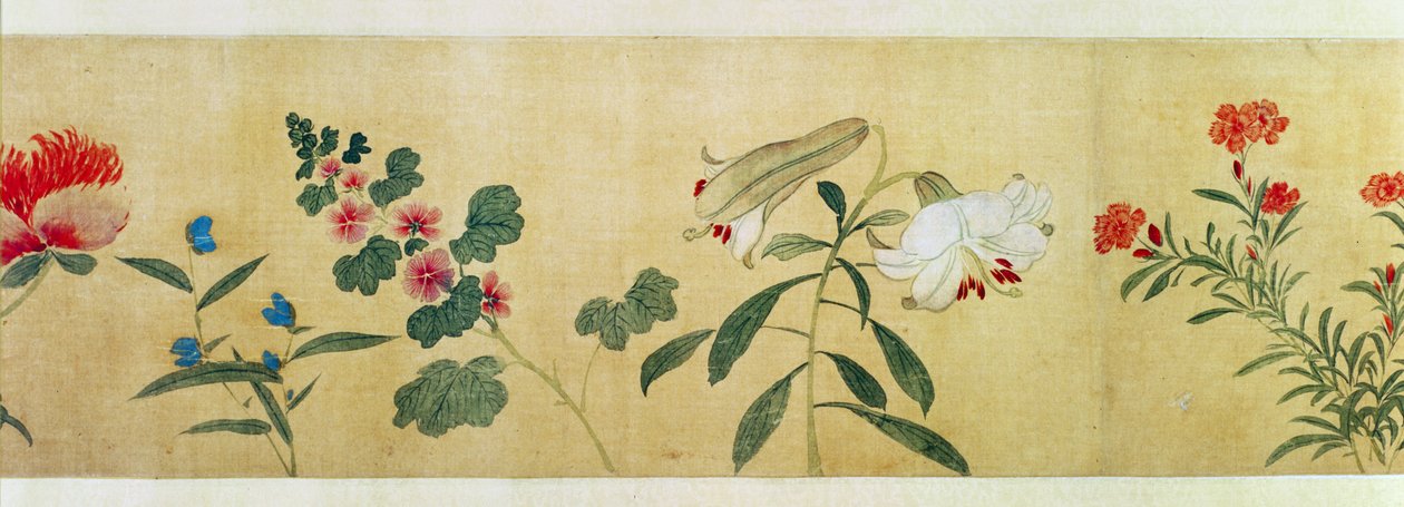 Um detalhe de flores de um corrimão de mão de "Cem Flores", 1562 de Wang Guxiang