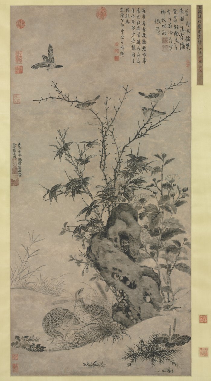 Codornizes e pardais em uma cena de outono, 1347. de Wang Yuan