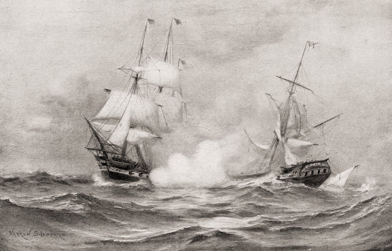 O combate entre a Constituição do USS e o HMS Guerriere, durante a Guerra de 1812, aproximadamente 400 milhas a sudeste de Halifax, Nova Escócia, de The History of Our Country, publicado em 1905 de Warren Sheppard