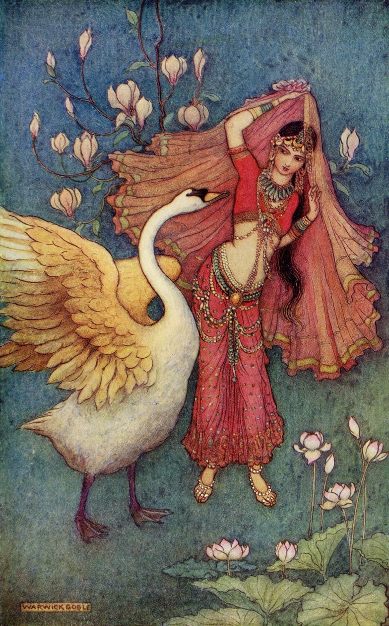 Damayanti e o Cisne, ilustração de &39;Indian mito e lenda&39; por Donald A. Mackenzie, publicado em 1913 de Warwick Goble