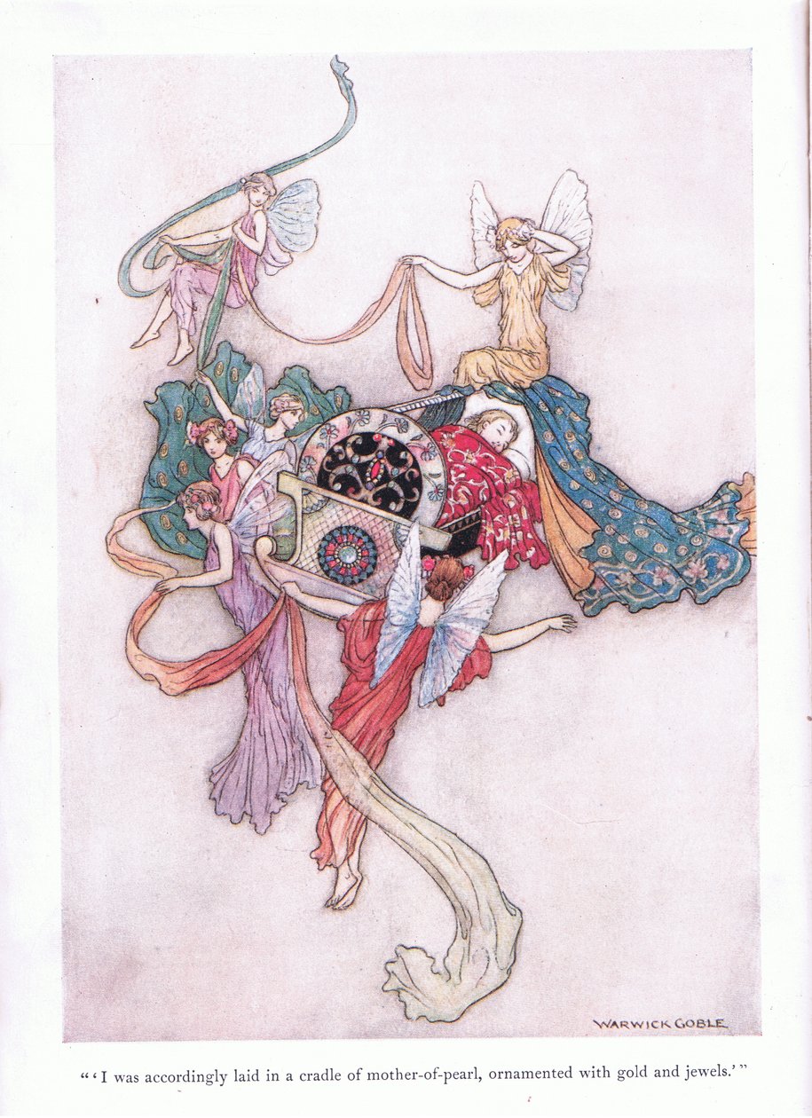 Eu fui colocado em um berço de madrepérola, ornamentado com ouro e jóias de Warwick Goble