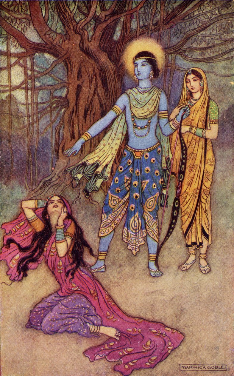Rama Spurns the Demon Lover, ilustração de &39;Indian mito e lenda&39; por Donald A. Mackenzie, publicado em 1913 de Warwick Goble