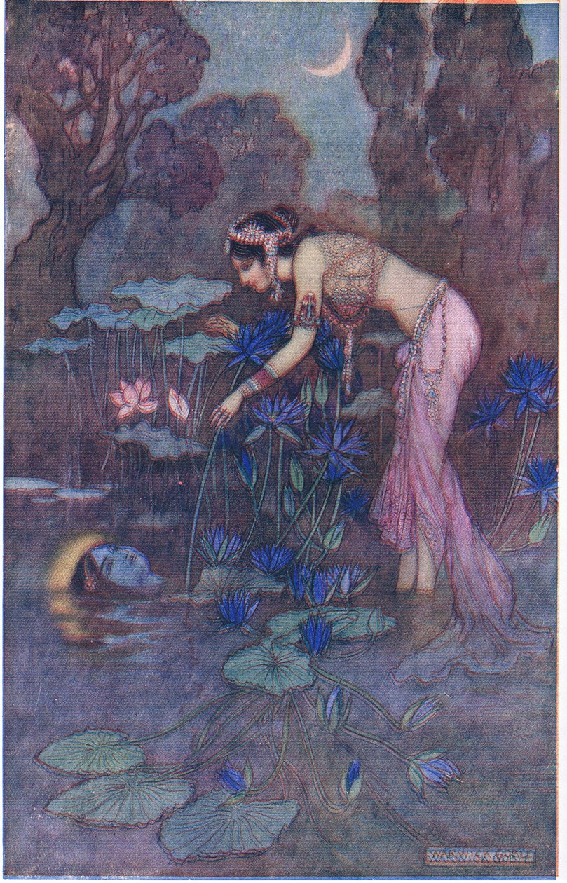 Sita encontra Rama entre as flores de lótus de Warwick Goble