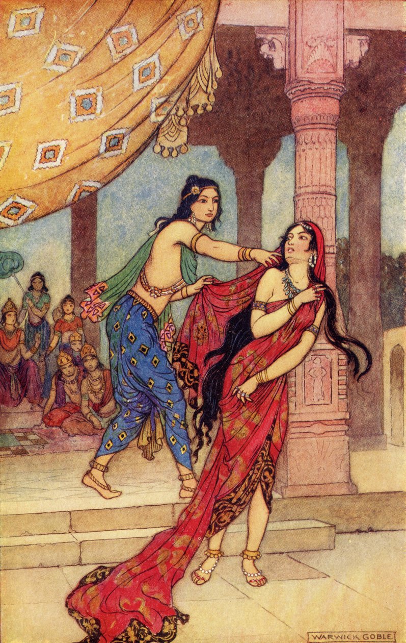 O calvário da rainha Draupadi, ilustração de "Indian mito e lenda", de Donald A. Mackenzie, publicado em 1913 de Warwick Goble