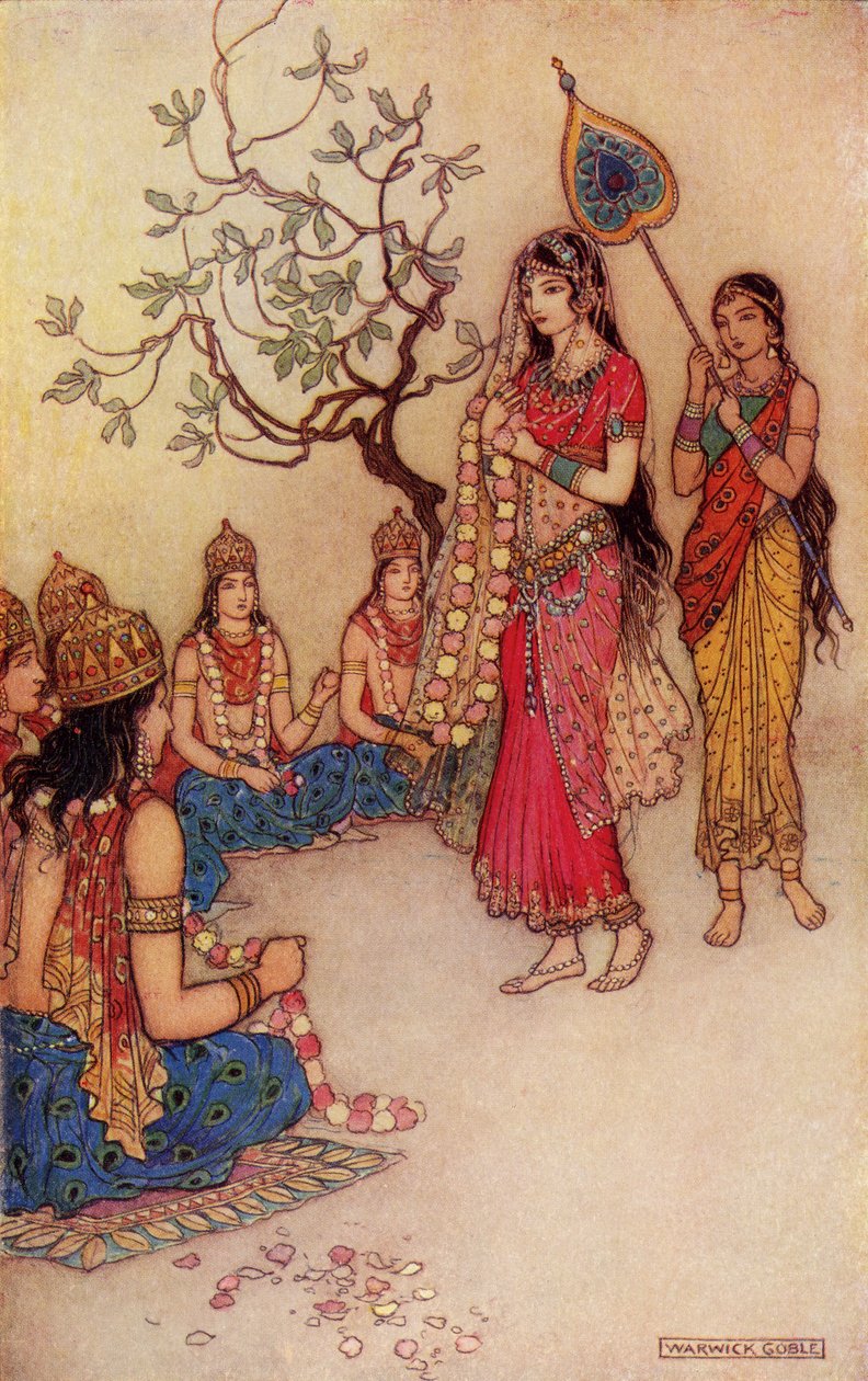 Damatanti Escolhendo um Marido, ilustração de &39;Indian Myth and Legend&39; de Donald A. Mackenzie, publicado em 1913 de Warwick Goble