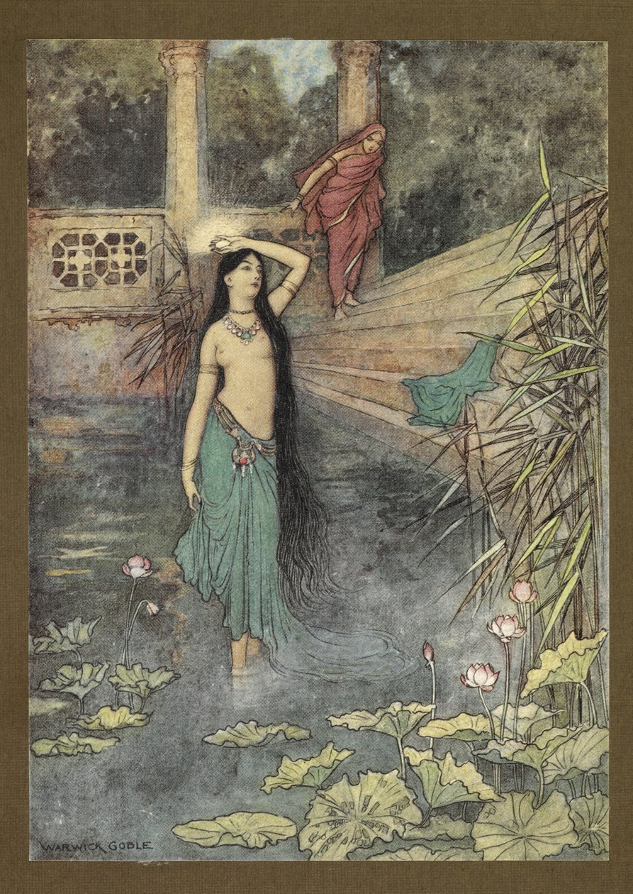 Frontispício: "Ela saiu correndo do palácio... e veio para o mundo superior." de Folk-Tales of Bengal ... Com 32 ilustrações em cores de Warwick Goble (Edition de luxe.) de Warwick Goble