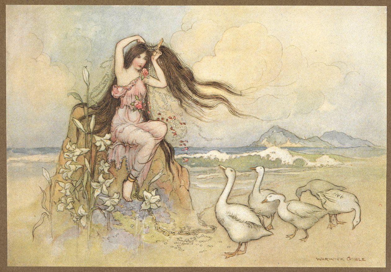 Marziella on the Seashore from, The Two Cakes. de Warwick Goble