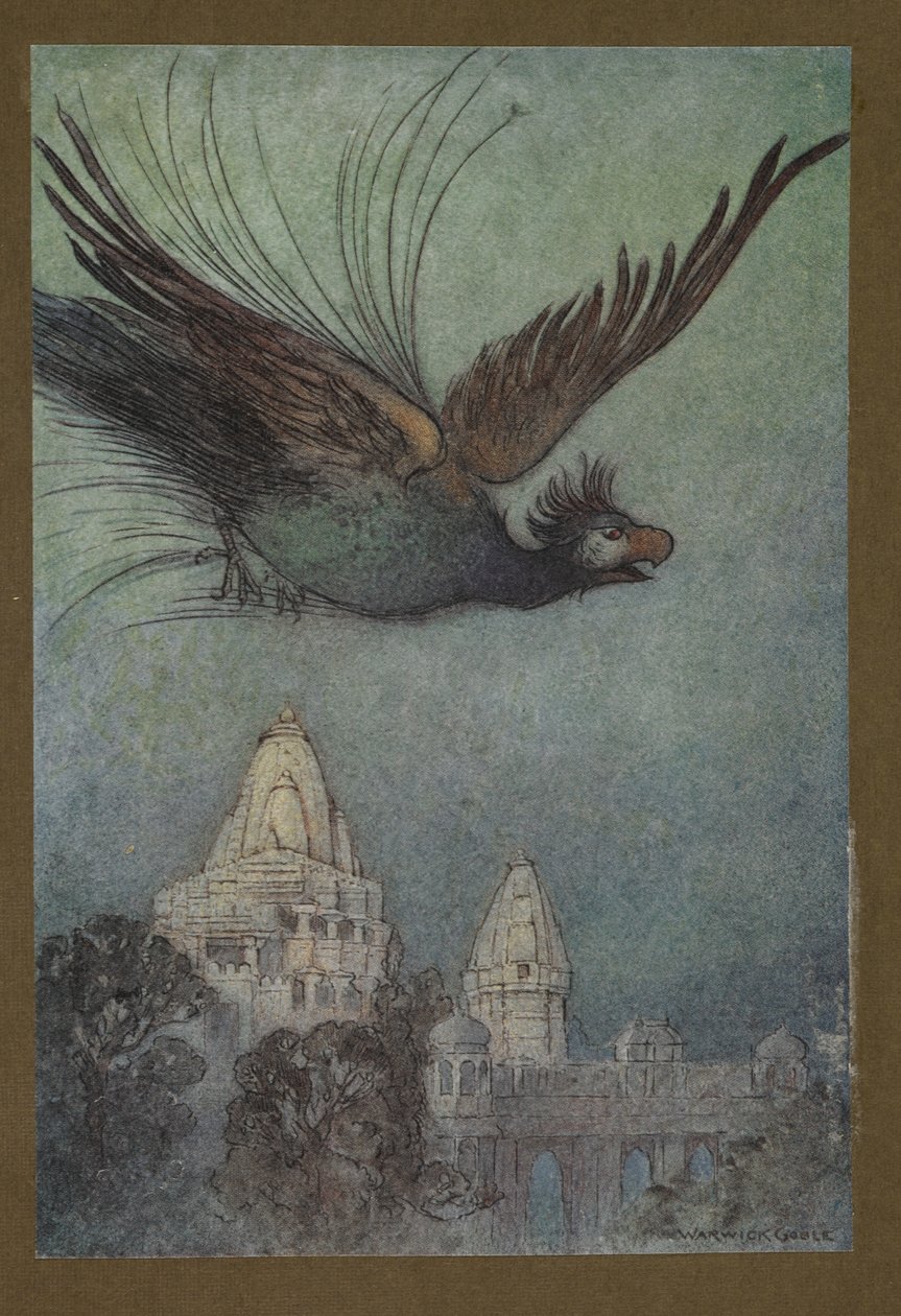 Prato 10: "Uma ave monstruosa sai aparentemente do palácio", de Folk-Tales of Bengal ... Com 32 ilustrações a cores de Warwick Goble (Edition de luxe.) 1914 (color litho) de Warwick Goble