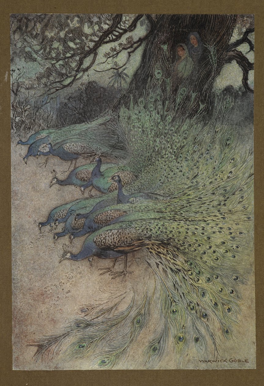 Placa 11: "Centenas de pavões de lindas plumas vieram às margens para comer o khai", de Folk-Tales of Bengal... Com 32 ilustrações em cores de Warwick Goble. (Edição de luxo.) de Warwick Goble