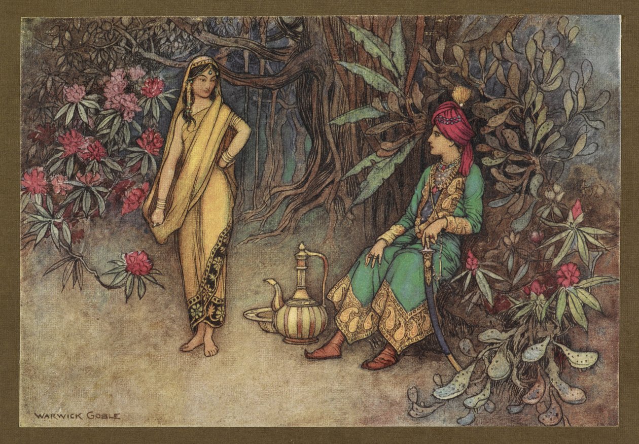 Gravura 12: "Você adornaria o palácio do soberano mais poderoso", de Folk-Tales of Bengal ... Com 32 ilustrações em cores de Warwick Goble (Edition de luxe) 1914 (lito a cores) de Warwick Goble