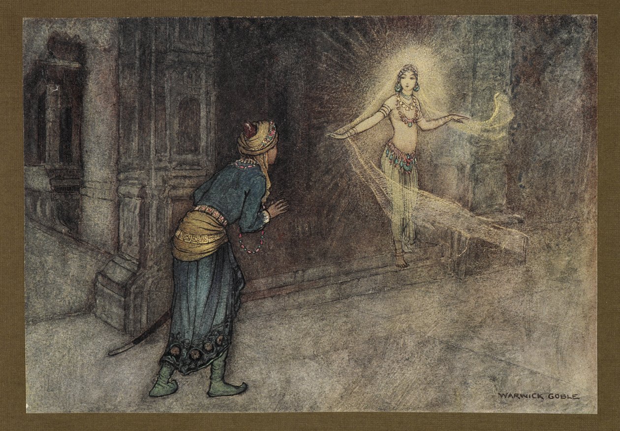 Gravura 13: "Ele viu uma bela mulher saindo do palácio", de Folk-Tales of Bengal ... Com 32 ilustrações em cores de Warwick Goble (Edition de luxe.) 1914 (litografia colorida) de Warwick Goble