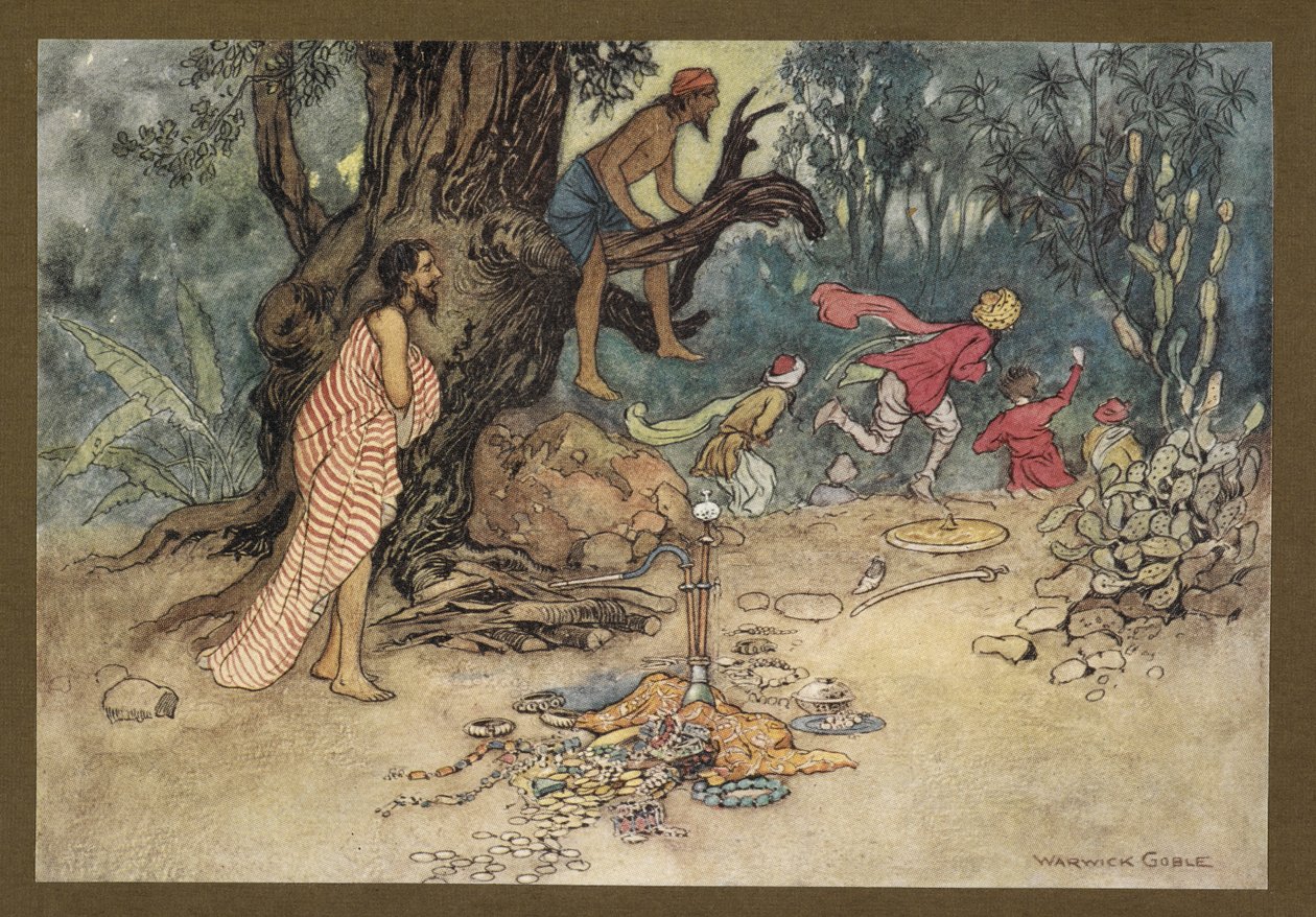 Prato 15: "Fugiram com grande medo, deixando o dinheiro e as jóias, de "Contos Folclóricos de Bengala ... Com 32 ilustrações a cores de Warwick Goble (Edition de luxe) de Warwick Goble