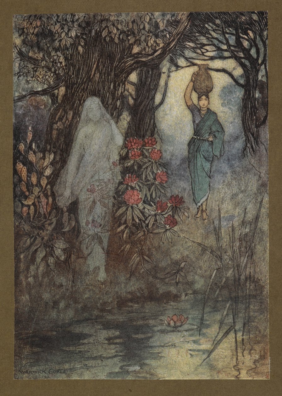 Placa 18: "A mulher do brâmane teve ocasião de ir ao tanque, e ao ir foi escovada por um Sankchinni", de Folk-Tales de Bengala ... Com 32 ilustrações a cores, de Warwick Goble. (Edition de luxe.) de Warwick Goble