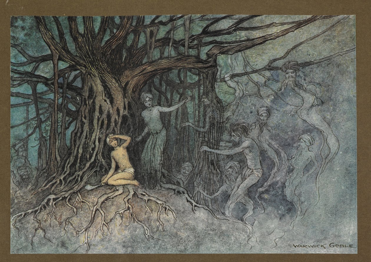 Placa 19: "No momento em que foi dado o primeiro golpe, um grande número de fantasmas correu para o Brahman, de "Folk-Tales of Bengal ... Com 32 ilustrações a cores de Warwick Goble (Edition de luxe.) de Warwick Goble
