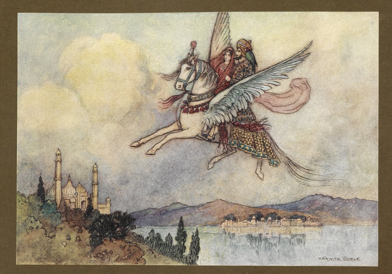 Prato 20: "A senhora, o rei e o hiraman chegaram sãos e salvos à capital do rei", do Folk-Tales of Bengala ... Com 32 ilustrações a cores de Warwick Goble (Edition de luxe.) de Warwick Goble