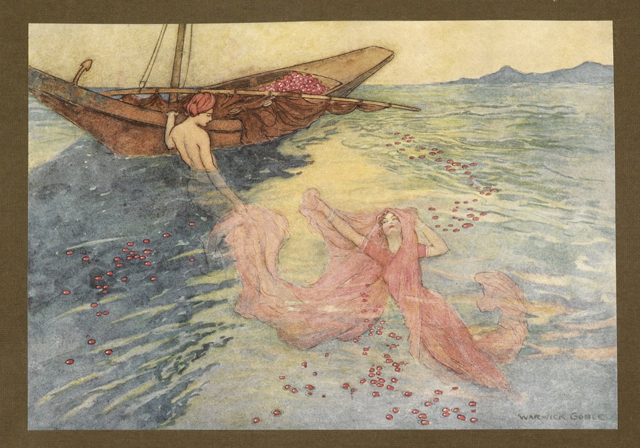 Placa 22: "Chegando à superfície subiram ao barco", de Folk-Tales de Bengala ... Com 32 ilustrações a cores de Warwick Goble (Edition de luxe.) de Warwick Goble
