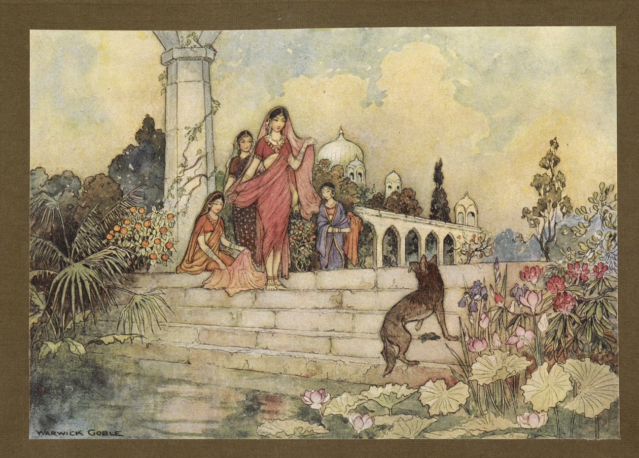 Prato 23: "O chacal ... optou pelo seu feixe de folhas de betel, pt algumas na boca, e começou a mastigá-las", do Folk-Tales de Bengala... Com 32 ilustrações a cores de Warwick Goble (Edition de luxe.) de Warwick Goble