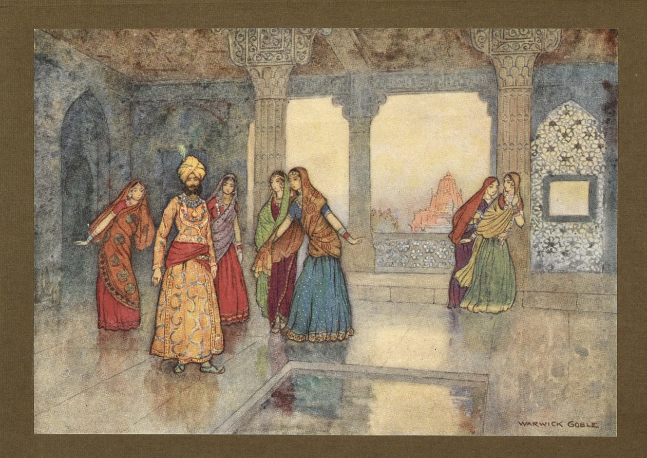 Placa 25: "As seis rainhas tentaram confortá-lo", de Folk-Tales de Bengala ... Com 32 ilustrações a cores, de Warwick Goble. (Edição de luxe.) 1914 (cor litho) de Warwick Goble