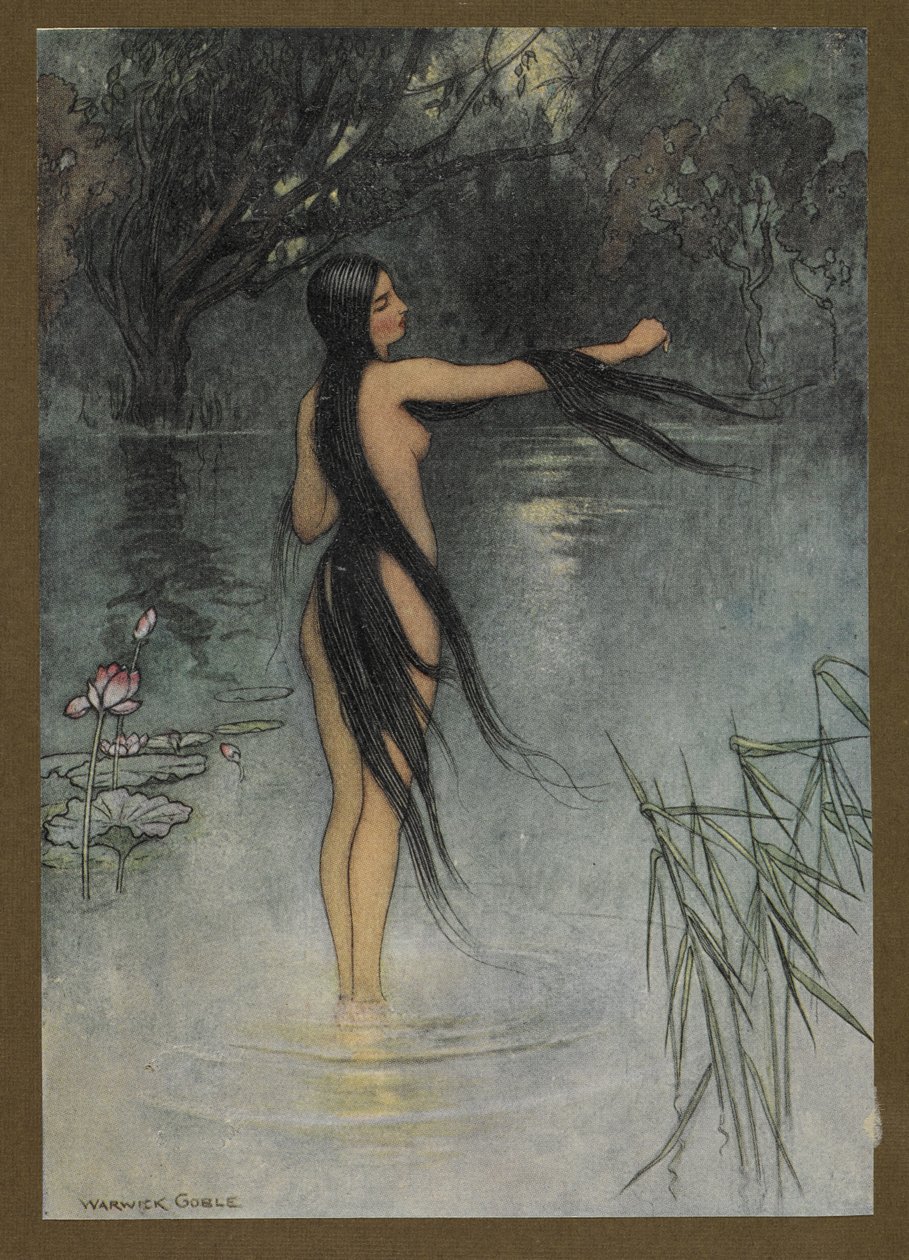 Placa 29: "Quando ela saiu da água, que mudança se viu nela!", de Folk-Tales of Bengal ... Com 32 ilustrações a cores de Warwick Goble (Edition de luxe.). 1914 de Warwick Goble
