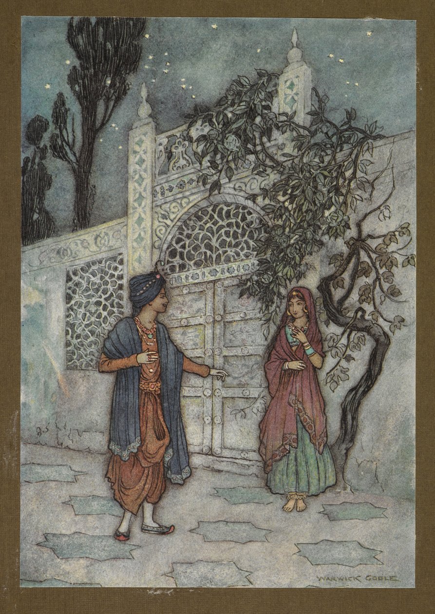 Placa 2: "O príncipe reviveu e, andando, viu uma figura humana perto do portão", de Folk-Tales of Bengal... Com 32 ilustrações em cores de Warwick Goble de Warwick Goble