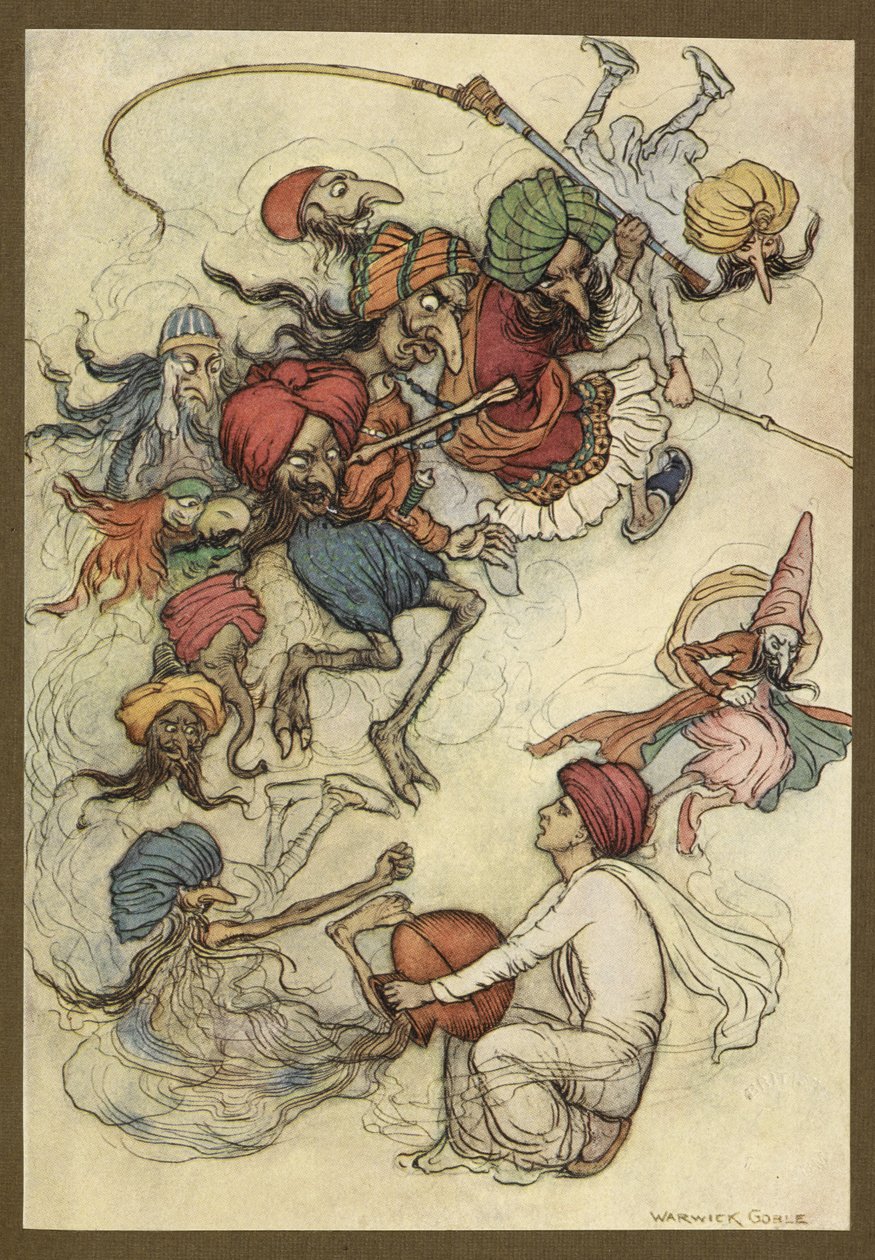 Placa 4: "Em vez de doces, cerca de vinte demônios." Folk-Tales of Bengal... Com 32 ilustrações a cores de Warwick Goble. (Edição de luxo.) de Warwick Goble
