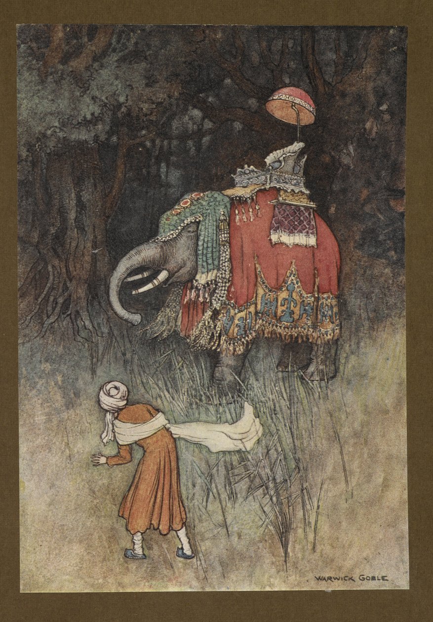 Placa 8: "De repente, um elefante maravilhosamente adornado em seu caminho", de Folk-Tales of Bengal ... Com 32 ilustrações em cores de Warwick Goble (Edition de luxe) de Warwick Goble